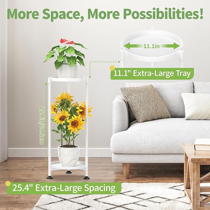 KMOTASUO 2 Tier Plant Stand Indoor for Large Tall Heavy Duty Planter, Multiple Sturdy Metal Flower Corner Rack for Narrow House Floor, Iron Vertical Level Round Orchi Holder Organizer, White
