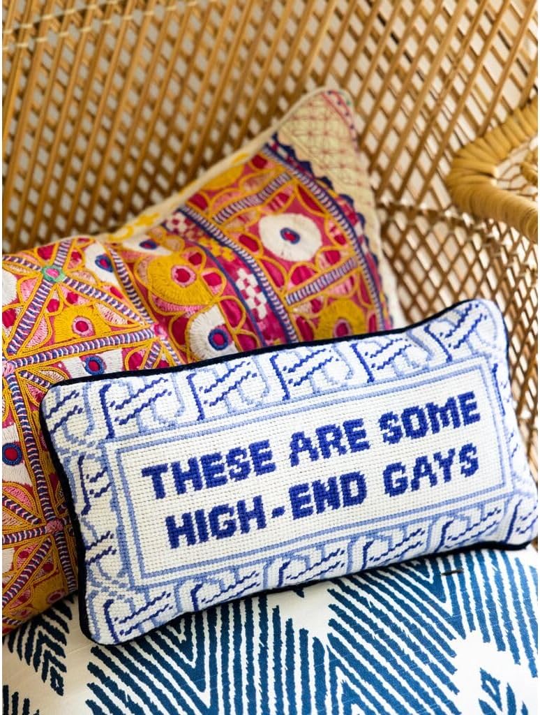 FURBISH Needlepoint Decorative Throw Pillow - High End Gays - 8" x 14" - Small Embroidered Accent Pillow for Bed, Chair, Couch, Sofa - Eclectic Home Decor
