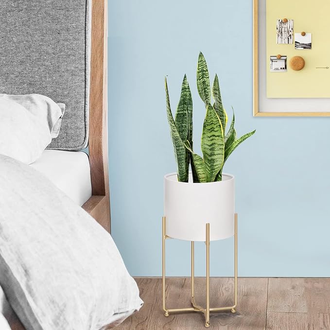 Floor Standing White Planters with Gold Stands for Indoor Plants, Large Metal Plant Pots Set of 3, Tall Planters for Mid Century Modern Living Room, Corner, Patio (Diameter 9/8/7 inches)