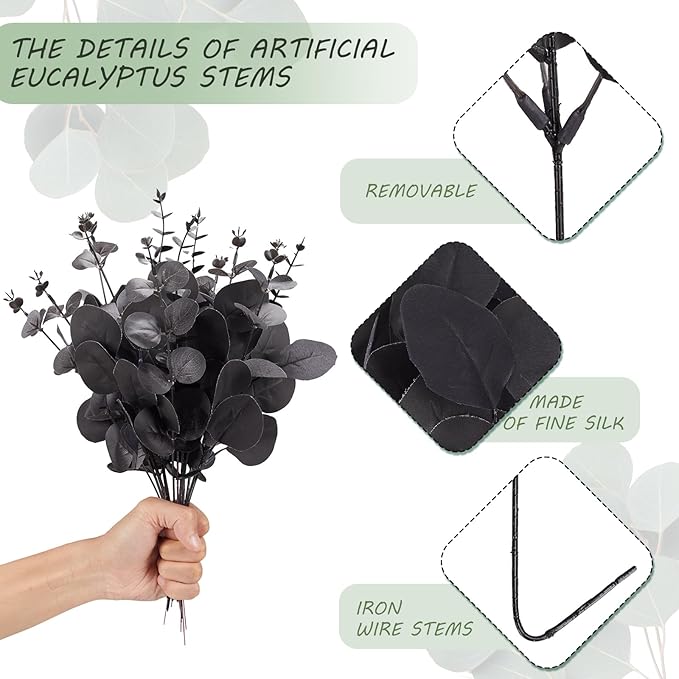 120 Pcs 3 Kinds Mixed Artificial Eucalyptus Stems Faux Eucalyptus Leaves Branches Black Flower for Halloween DIY Bouquets Floral Arrangement Wedding Home Decor