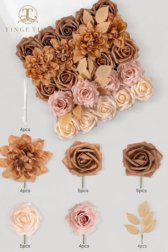 TINGE TIME Artificial Flowers, Fake Rose Silk Dahlia with Stems for DIY Bridal Wedding Bouquets Baby Shower Floral Arrangements Centerpiece Table Party Home Decorations(Dark Milk Tea)