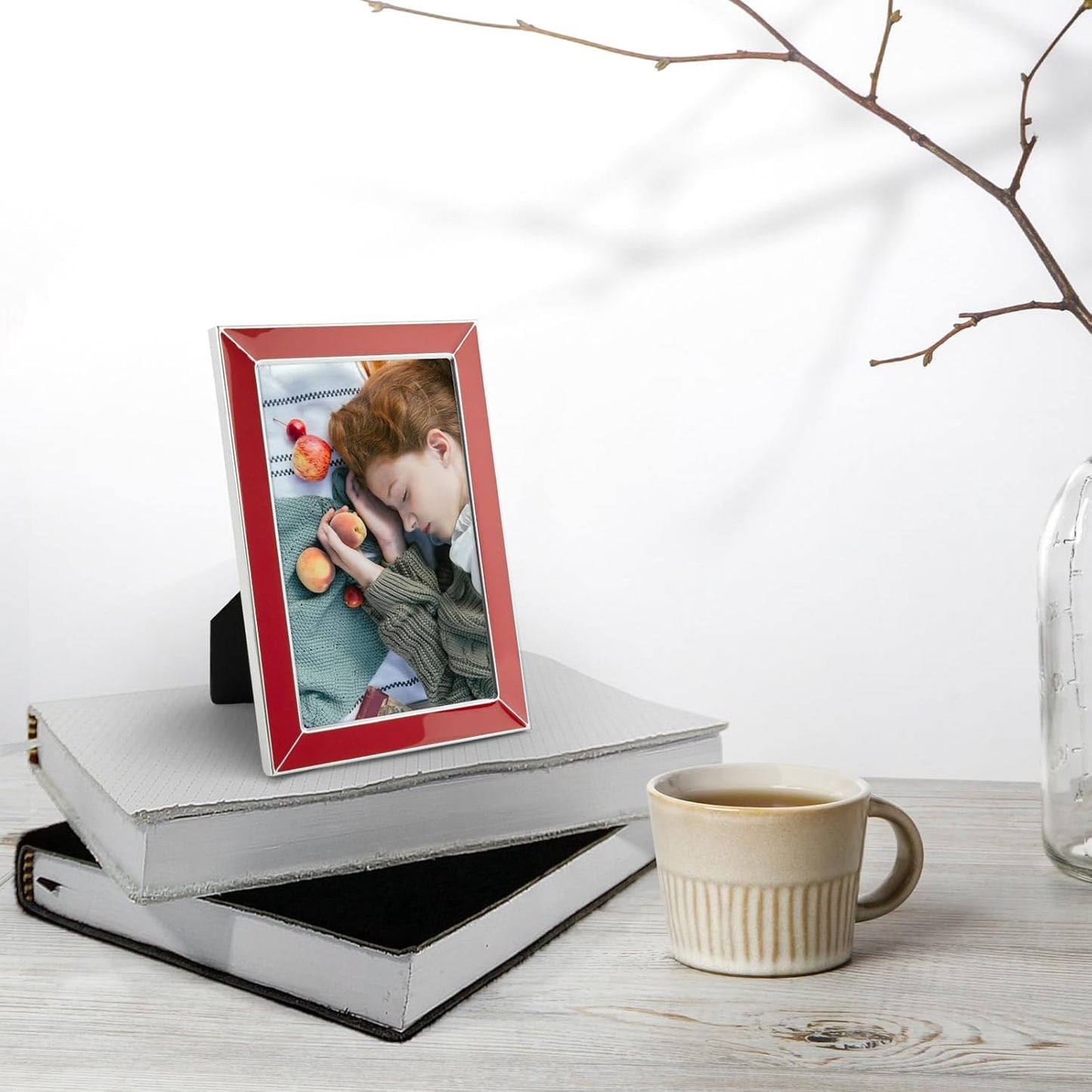 Frametory Enamel Picture Frame - 4x6 Silver Metal Edge Red Enamel Picture Frame With Easel and Velvet Back for Tabletop Display, Bookshelf, 4x6 Wall Decoration, Photo Frames, Picture Display-2 Set