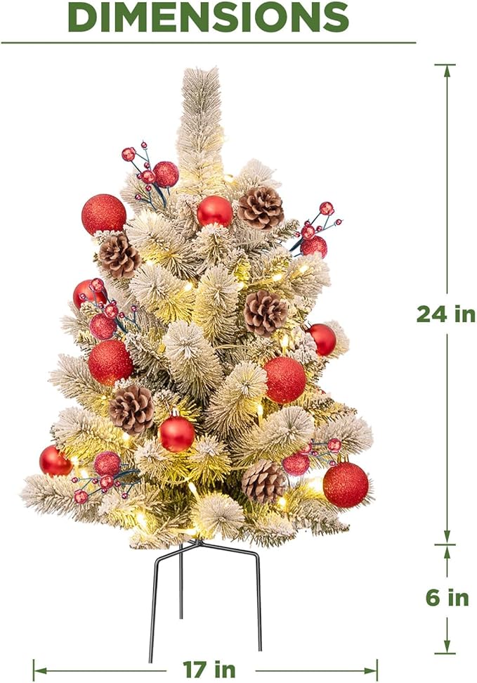 24'' Mini Artificial Christmas Tree with LED Lights Faux Pine Cones and Berrys Pre-Lit Snow Flocked Xmas White Trees Christmas Porch Decorations Small Fake Trees for Outdoor Home Yard - Set of 2