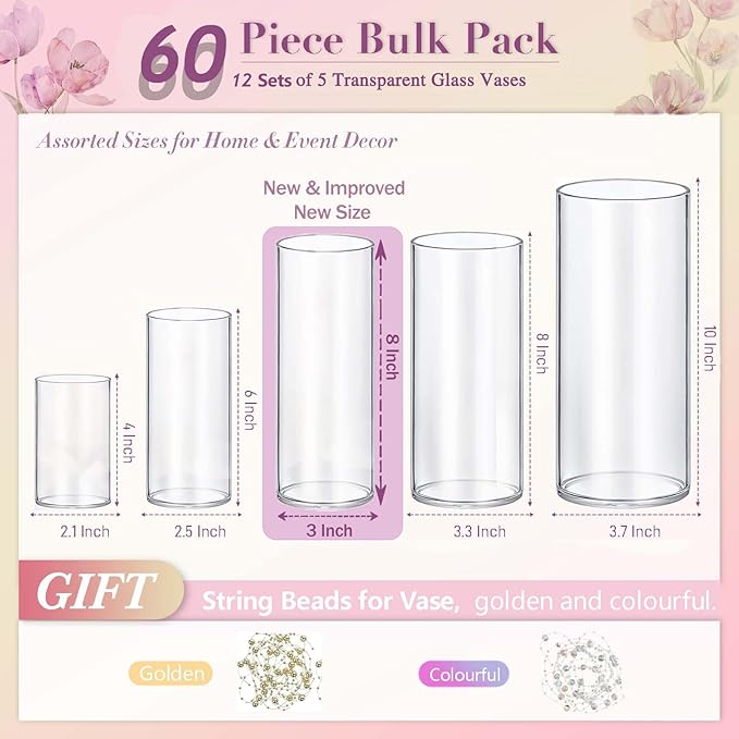 60pcs New & Improved Glass Vase Cylinder Vases for Centerpieces Small Flower Glass Clear Vases Home Decor Centerpiece Table Flower Vase Decorations for Wedding Decoration＆Holiday Mixed Sizes Tall