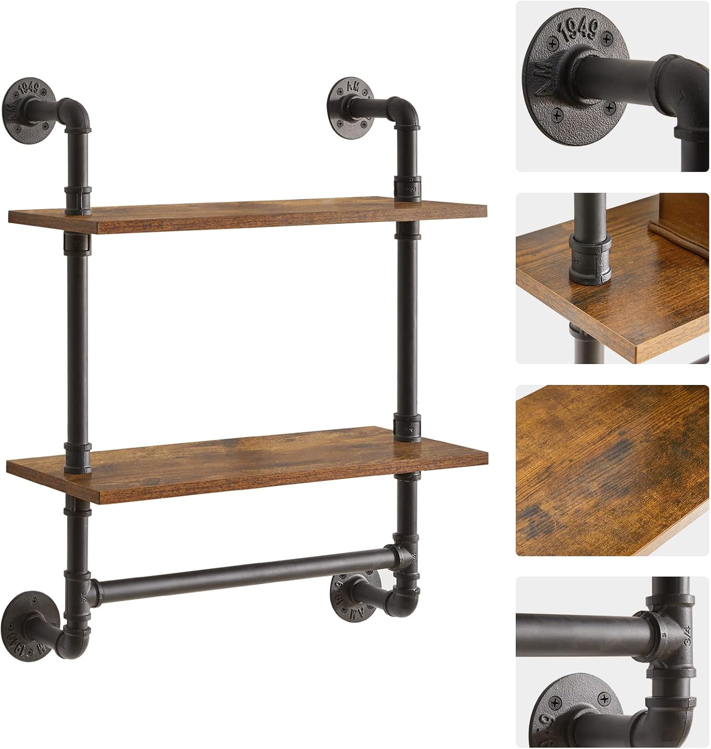 IBUYKE Pipe Floating Shelves,Rustic Iron 28.5 inches Industrial Pipe Shelf,2-Tier Wall Shelf with Towel Bar,Wall Mount Bookshelf for Bedroom,Kitchen,Living Room,Bathroom URF-TM014