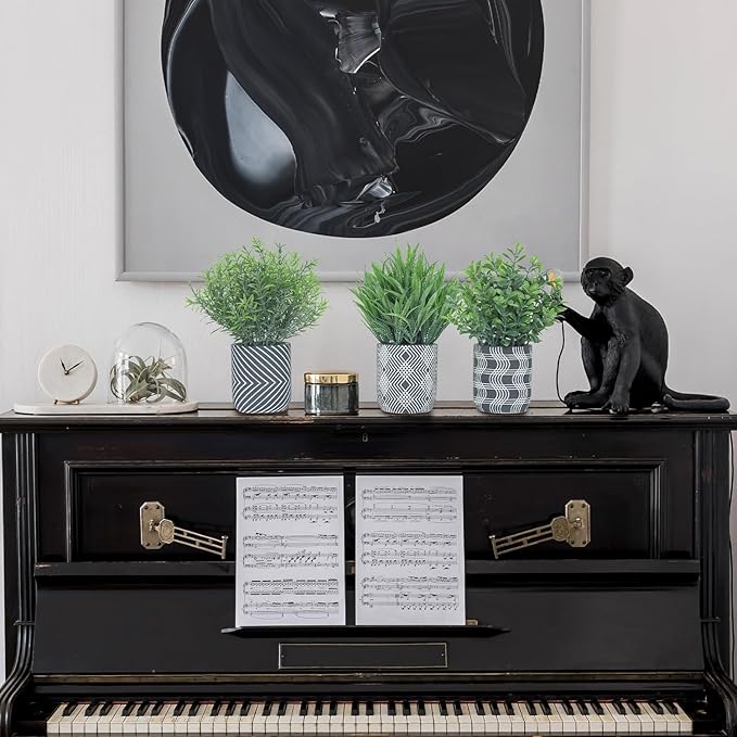 3 Pack Small Fake Plants, Fake Grass Plant, Artificial Boxwood & Rosemary with Geometric Pattern Cement Pots, Small Potted Faux Greenery for Home Decor, Bathroom, Office, Farmhouse Decoration