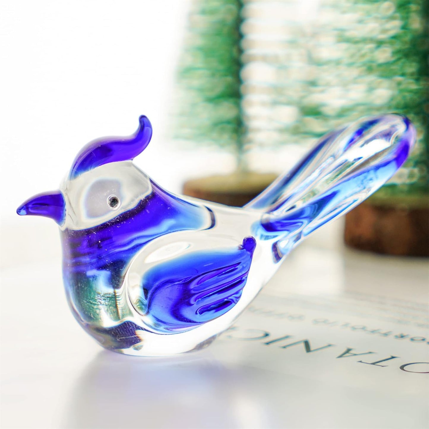 HDCRYSTALGIFTS 3.5inch Blown Glass Bird Figurines Collectibles Blue Jay Statue Ornament Decor Crystal Animal Paperweight Gift
