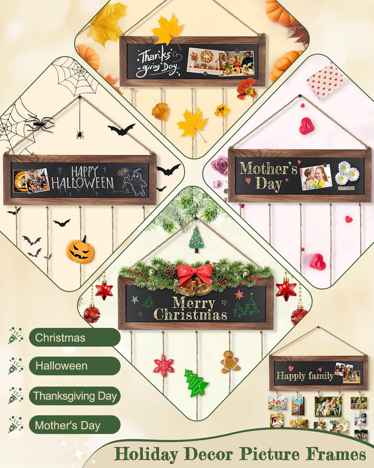 Bikoney Picture Frames Collage Photo Hanging Display Picture Board Wood Rustic Frames for Wall Decor and Dorm Room Decor with Blackboard and 30 Clips Carbonized Black