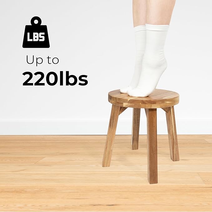 Round Stool Acacia Wood, 12" Height, 11" Round Top, Backless, Easy Assembly, Natural Wax Finish, Wooden Stool for Plant, Dining Room, Living Room, Garden, Makeup