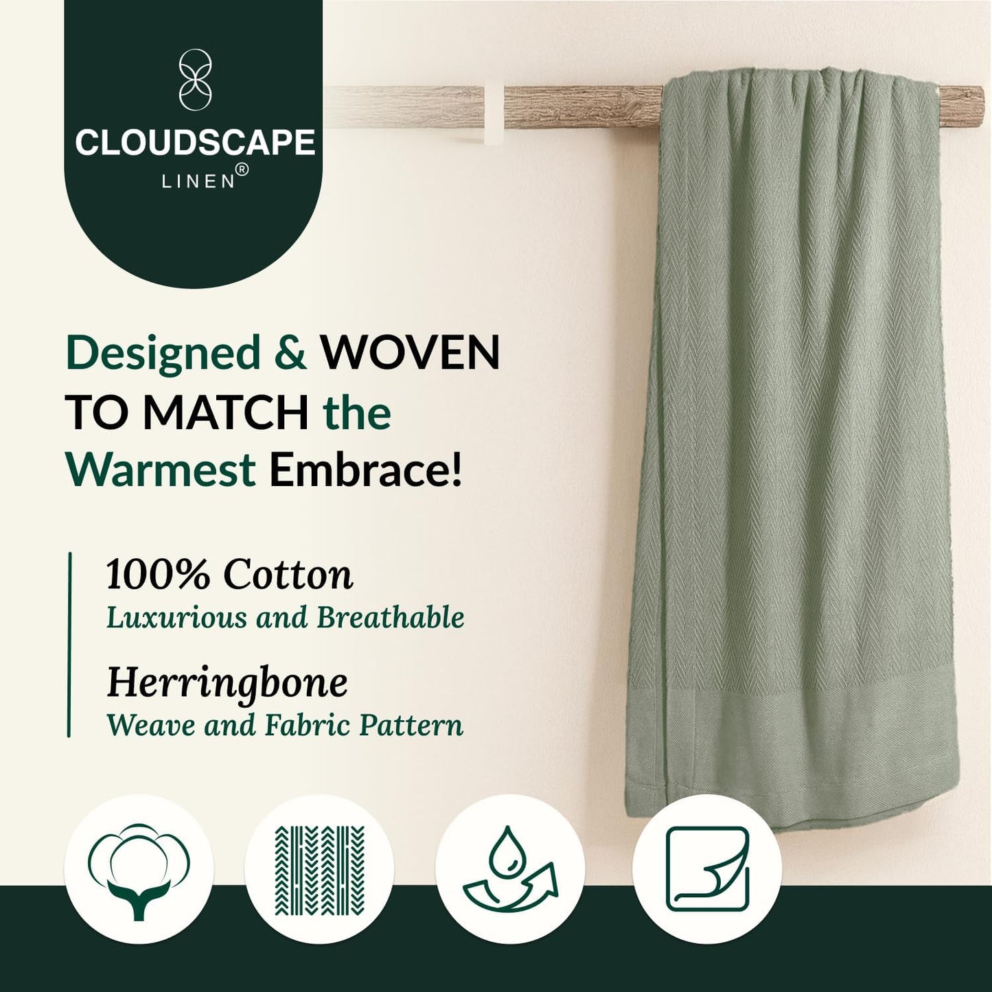 Cloud Scape Linen 100% Cotton Blanket Queen Size - Lightweight All Season & Breathable Blanket, Herringbone Weave, Best Gift for Women, Mom, Men,fits Full Size Bed, 92x92, Olive Green