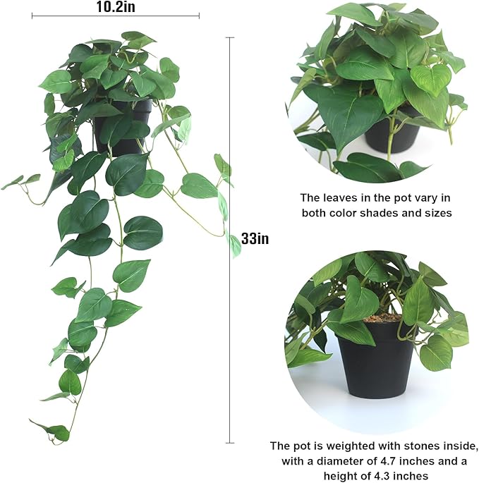 Fake Pothos Hanging Plants – 33" Set of 2 Faux Ivy Vines with Pots, Realistic Silk Devil’s Ivy for Indoor Décor, Low Maintenance Artificial Greenery for Home or Office (Green)