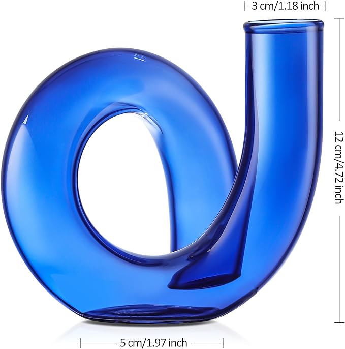 Joeyan Handmade Small Blue Glass Flower Vase,Decorative Geometric Glass Bud Vase for Modern Home Centerpieces Living Room Office,4.72" Abstract Vase for Single Flower and Dry Flowers