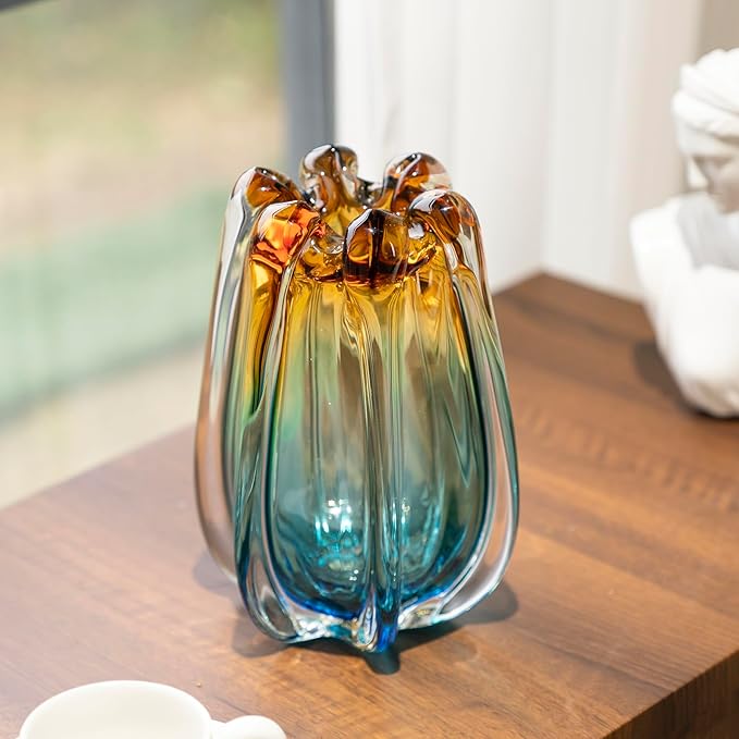 Hand Blown Glass Flower vases, Unique Glass vases, Wide Mouth vases, Small Modern Art Deco Glass vases for Home Living Room, Office, Table centerpieces, Bookshelves and Wedding Decorations