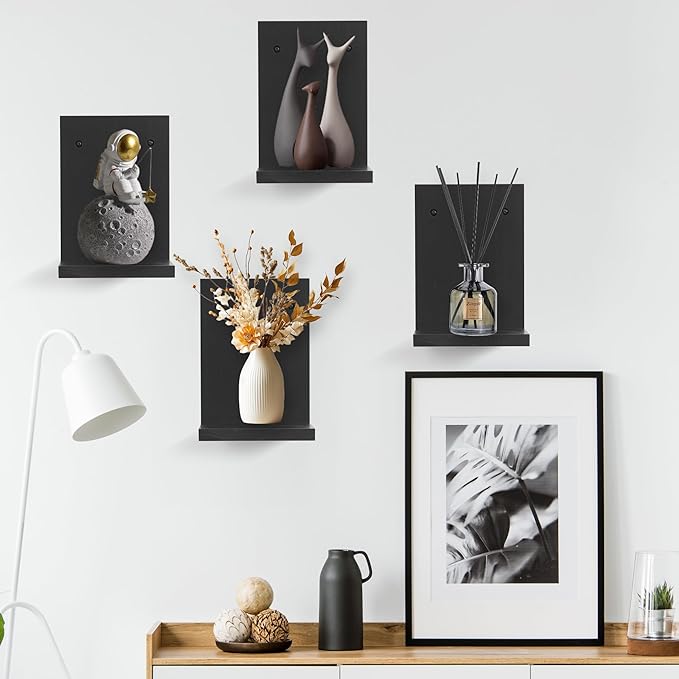 PHOENANCEE Small Wall Shelf Modern,Wooden Mini Floating Shelves,Indoor Wall Mounted Plants Shelf L Shaped,Midcentury Display Decorative Holder for Gallery Living Room Bedroom Porch,Pine,4 Pack(Black)