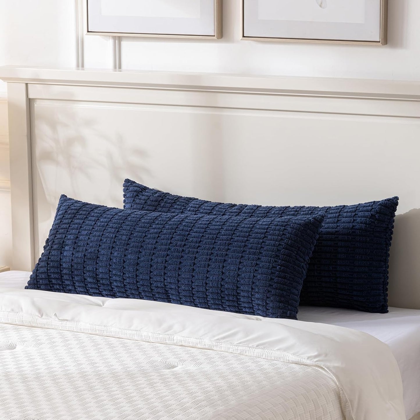 Fancy Homi Navy Blue Long Body Lumbar Decorative Throw Pillow Covers 14x36 Inch for Bed Couch Bedroom Bench, Soft Corduroy Rectangle Solid Pillow Case, Rustic Farmhouse Boho Room Decor