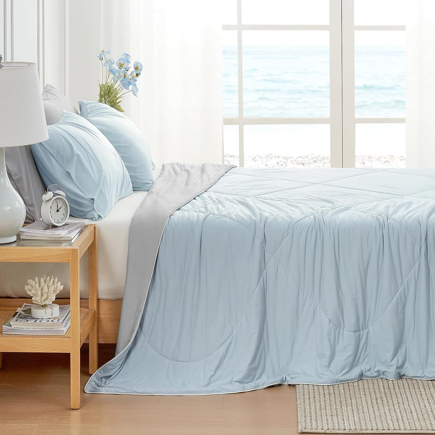 Cozy Bliss Cooling Comforter Queen Size, Cooling Blankets for Hot Sleepers and Night Sweats, Gray Blue Summer Comforter for Queen Size Bed, Breathable Soft Lightweight Silk Smooth