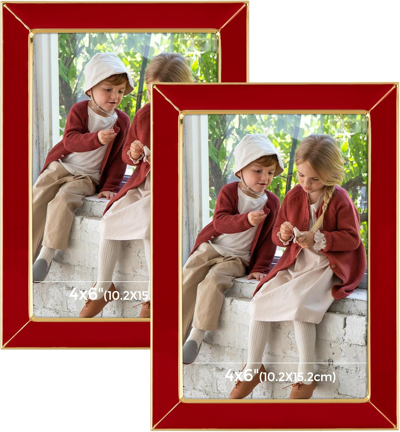 Frametory Enamel Picture Frame - 4x6 Gold Metal Edge Red Enamel Picture Frame With Easel and Velvet Back for Tabletop Display, Bookshelf, 4x6 Wall Decoration, Photo Frames-2 Set