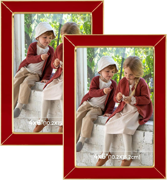 Frametory Enamel Picture Frame - 4x6 Gold Metal Edge Red Enamel Picture Frame With Easel and Velvet Back for Tabletop Display, Bookshelf, 4x6 Wall Decoration, Photo Frames-2 Set