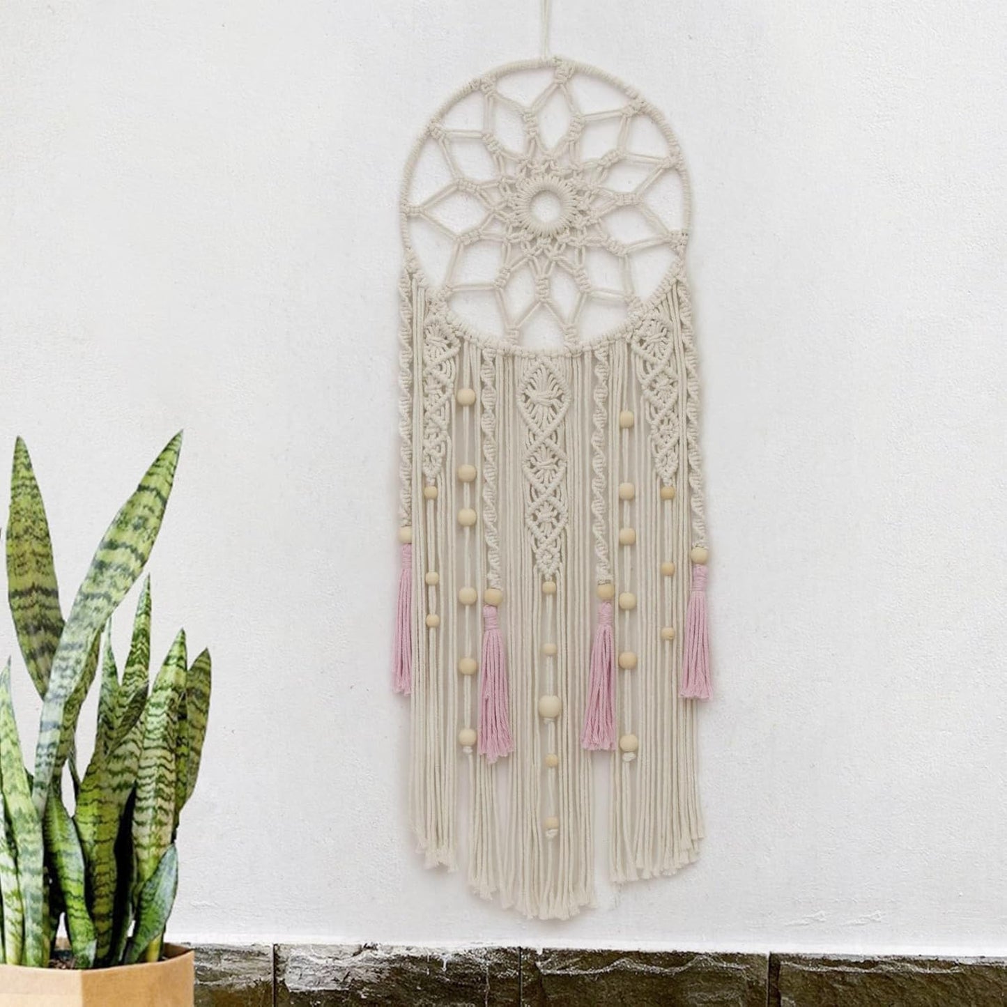 LB Boho Flower Macrame Wall Hanging Pink and Beige Dream Catcher Handmade Woven Cotton Tapestry with Wood Beads Modern Aesthetic Wall Art Decor for Home, Bedroom, Living Room