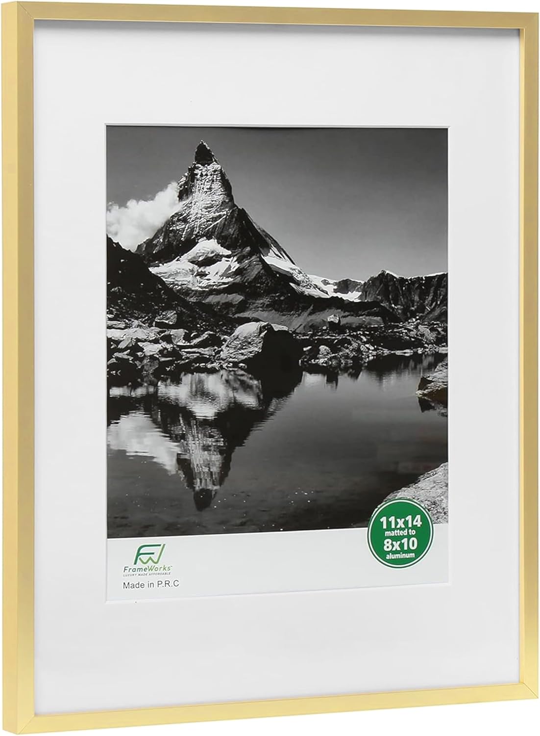 FrameWorks 11x14 Matted to 8x10 Picture Frame – Aluminum Frame w/Tempered Glass, Removable Mat for Photos, Posters, Art, Stylish Wall Frame for Home Decor, Gallery Walls, Office, Living Room - Gold