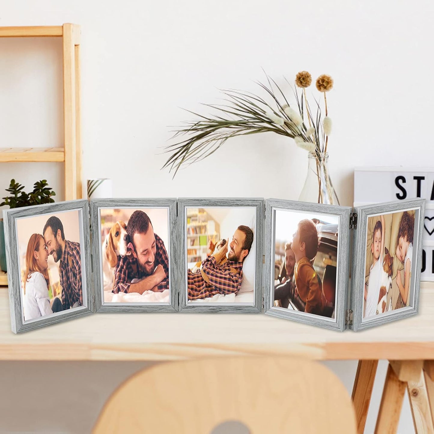 Biggun 5x7in 5 Folding Accordion Picture Frame - Foldable Hinged Collage Photo Frames for Tabletop Display Multiple Family Pictures Birthday Father's Day Gifts (Gray Blue)