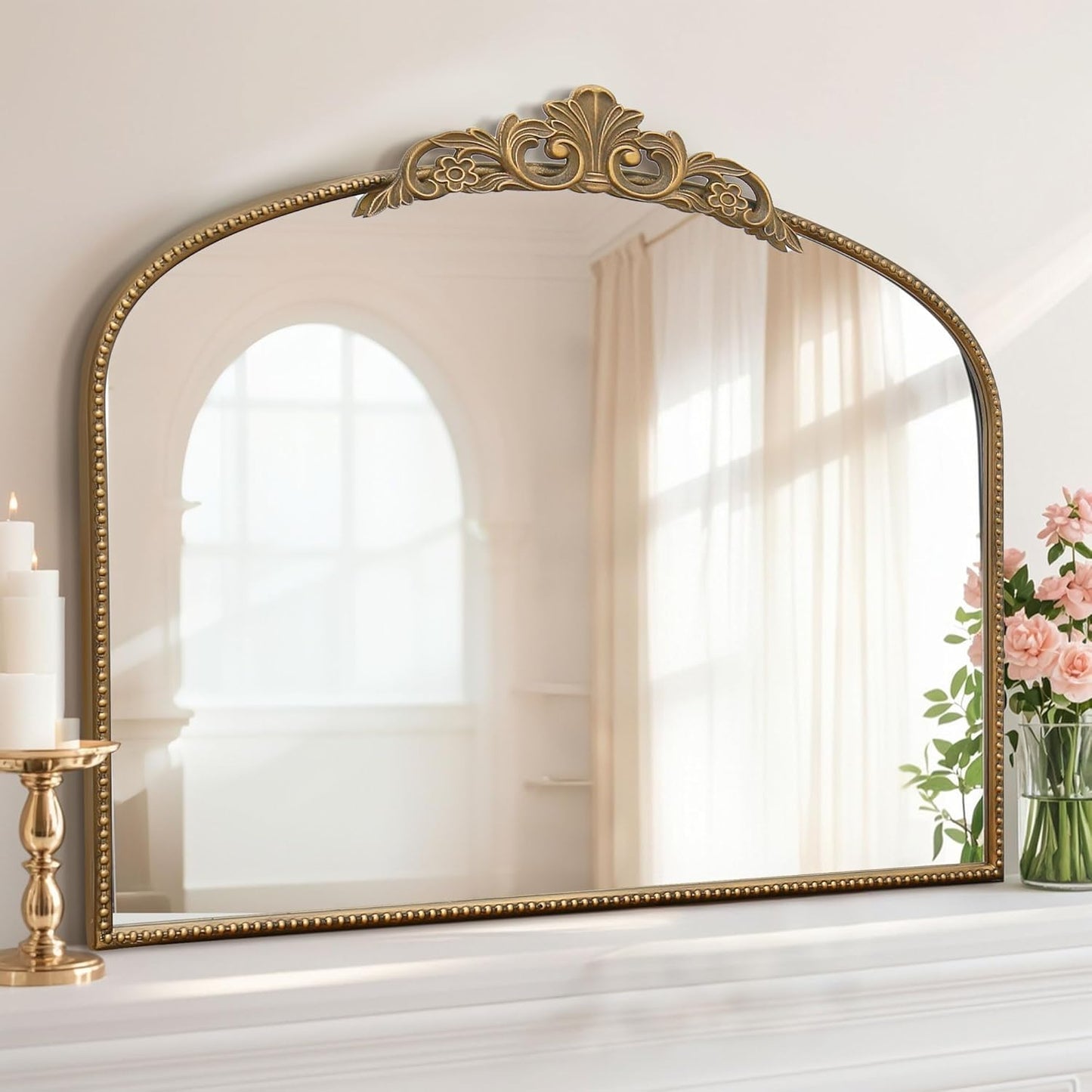 Micasso Large Gold Antique Mirror: 40"x 30" French Baroque Arched Mirror - Traditional Ornate Vintage Mirrors for Wall/Mantel/Entryway/Bathroom/Hallway - Home Decor for Living Room