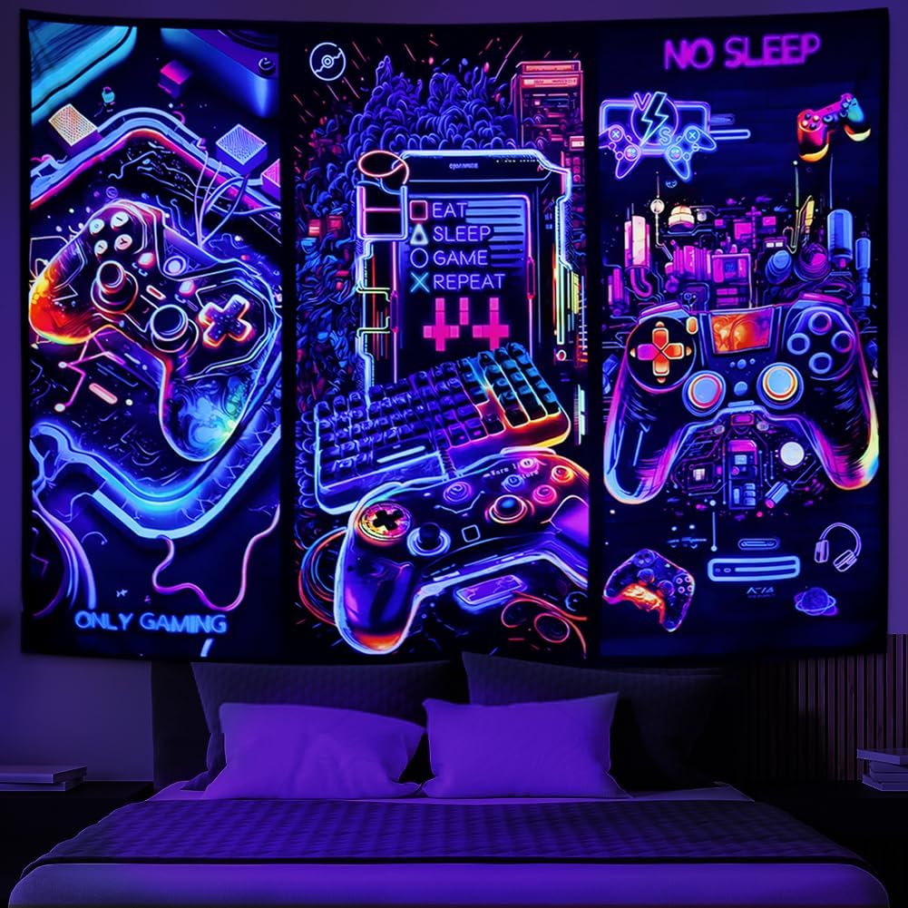 Galoker Blacklight Gaming Tapestry Cool Neon Game Controller Tapestry UV Reactive Gamer Player Wall Tapestries Funny Art Gaming Poster Tapestries Wall Hanging for Home Decor