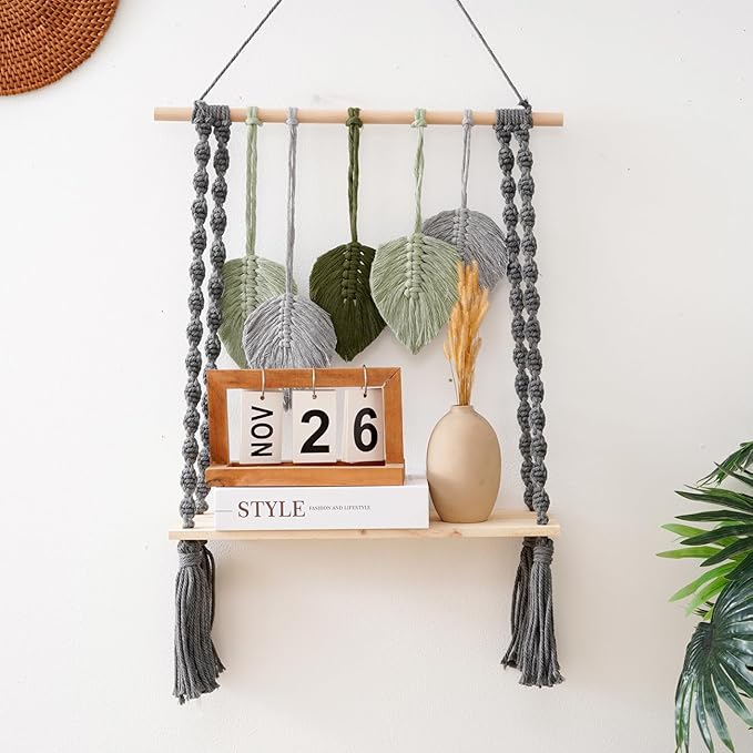 Macrame Wall Hanging Shelf, Bohemian Woven Tapestry Chic Woven Leaf Tassels Home Deco, Boho Handmade Wall Art Floating Shelf for Living Room, Bedroom, Nursery Backdrop, Apartment (Green+Grey)