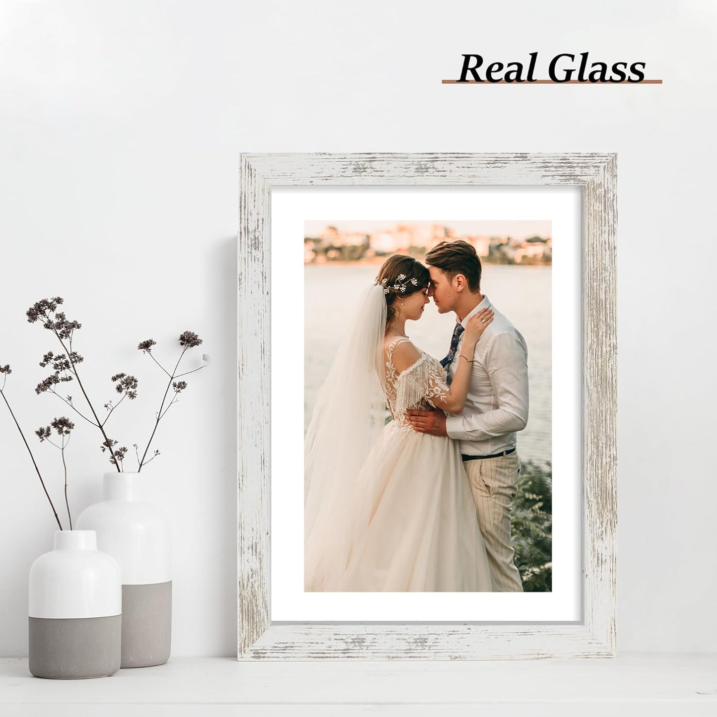 iRahmen 10x14 Picture Frame Set of 2 with Tempered Glass, Distressed White Wood Photo Frames Display 8x12 Picture Frame with Mat or 10 x 14 Without Mat for Horizontal or Vertical Wall Mounting