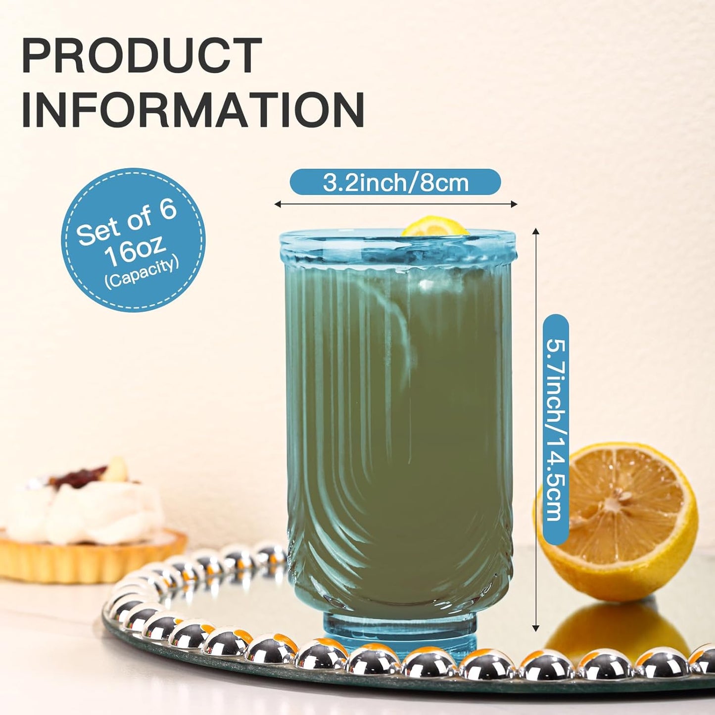 Blue Vintage Glassware Set of 6-17Oz Blue Water Drinking Glass, Art Deco Ripple Highball Glass, Whiskey Cocktail Glasses, for Bar Beverages Ice Coffee Juice, Housewarming Gifts