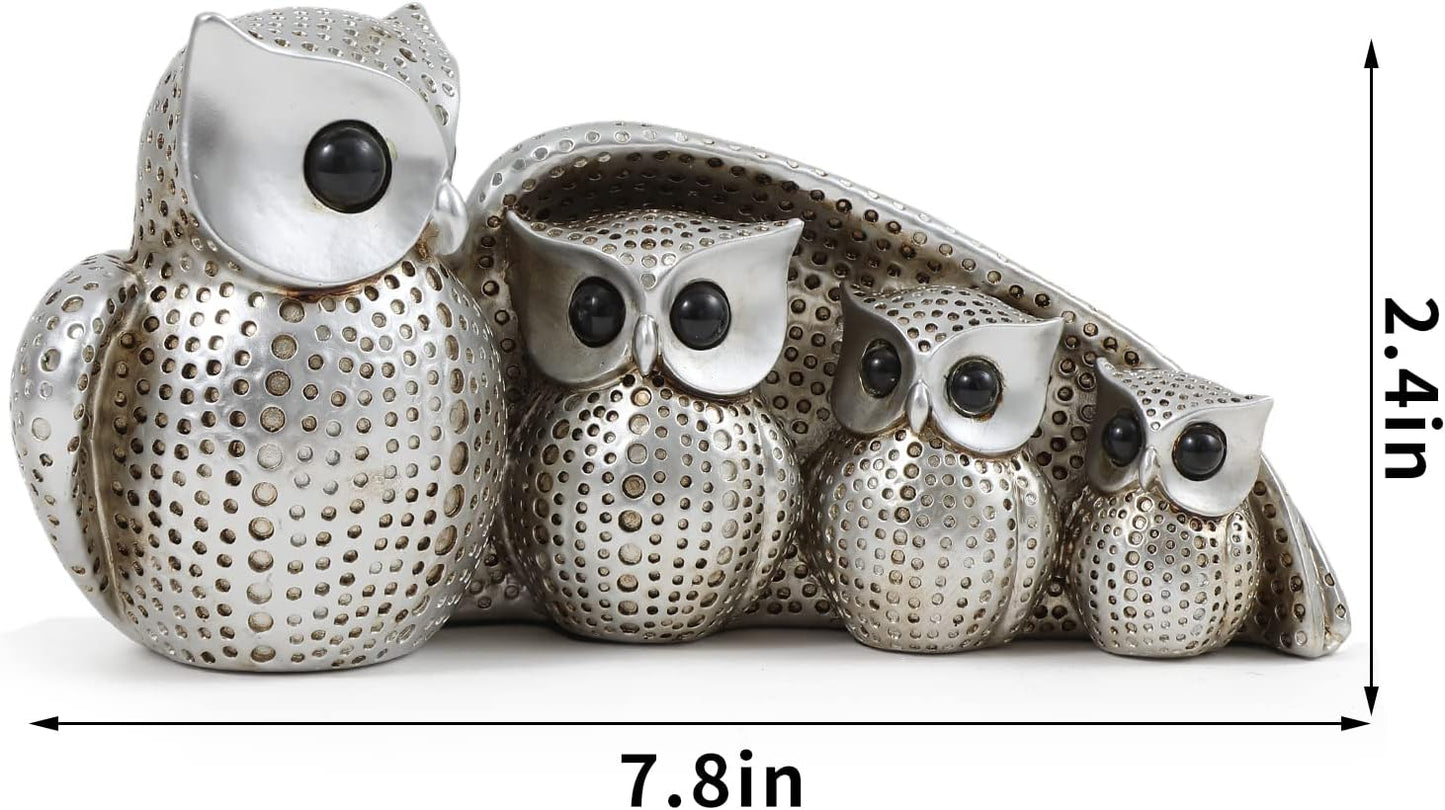 Cute Silver Family of Four owl Figurines Home Décor Sculpture with Three Baby Owls Décor for Shelf Gifts Decoration for Birds Lovers Home,Office, Bookself