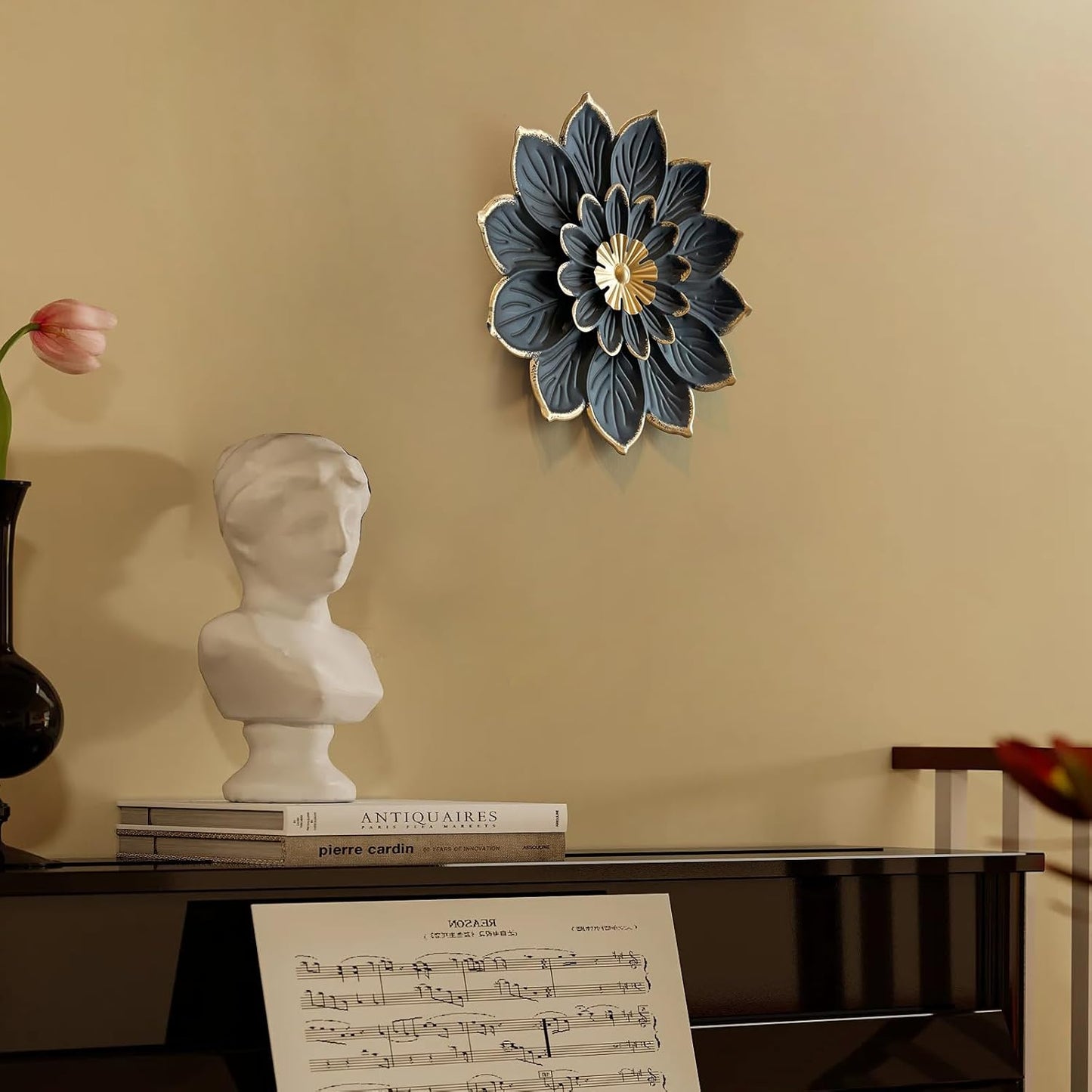 LIFFY 9.2“ Black and Gold Metal Flower Wall Art, Modern Rustic Floral Decor for Indoor Living Room Bedroom Office Outdoor Garden Patio Yard