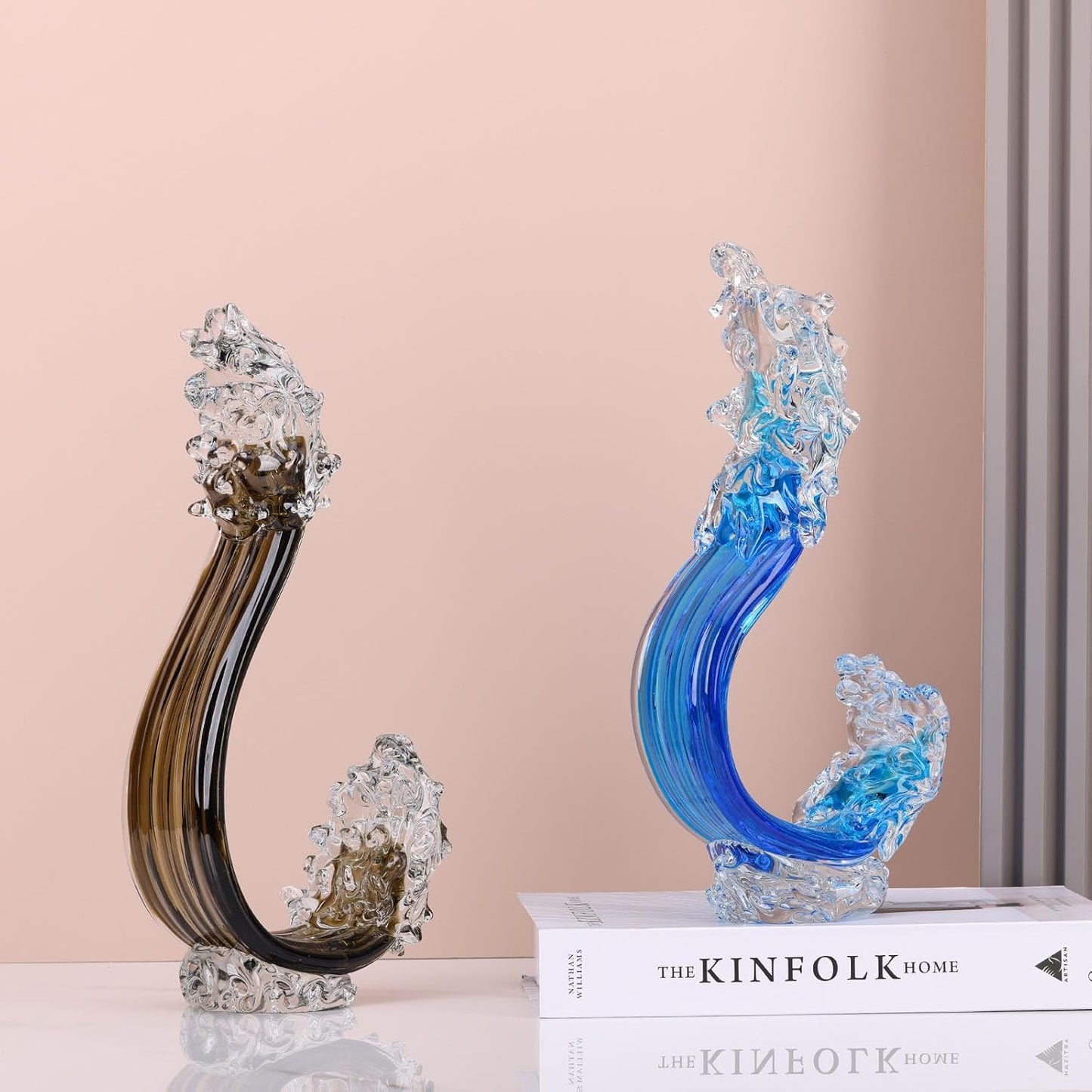 LCCCK Blue Glass Beach House Decor, Hand Blown Ocean Wave Decorate, Tall Blue Glass Sculpture Home Decor, Ocean Wave Fused Art Figurines, for Sea Art Beach Coastal Nautical Office Surfers Gifts