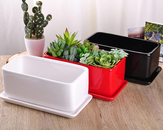VanEnjoy 10 Inch Red Rectangle Ceramic Succulent Planter Pot Decorative Cactus Plant Pot Flower Container with Ceramic Tray