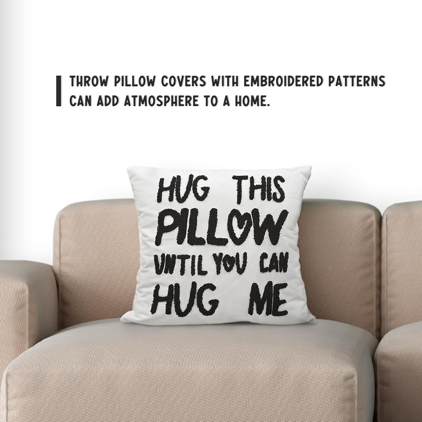 Hug This Pillow Until You Can Hug Me Throw Pillow Covers Decor for Home Bedroom, 18'' x 18'' Embroidery Pillow Case, Boyfriend Girlfriend Birthday Gifts，Long Distance Relationships Gifts (white)