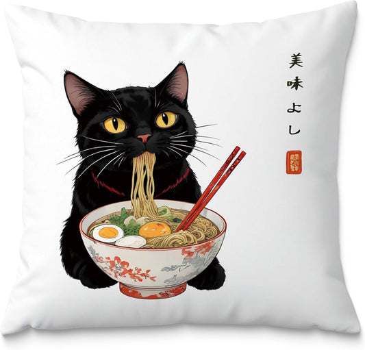 Funny Anime Vintage Black Cat Japanese Ramen Noodles Pillow Covers 18x18, Aesthetic Black Cat Art Painting Decor Pillow Covers for Room Bedroom