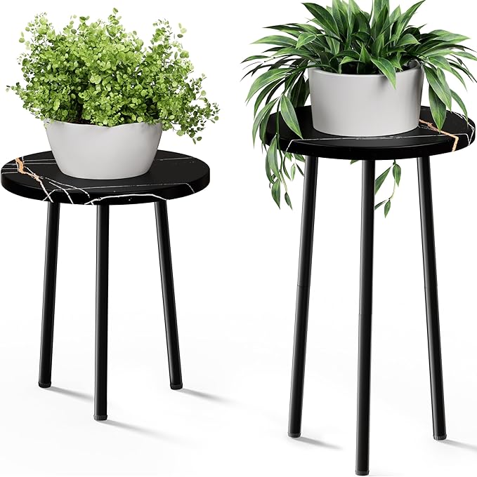 Plant Stand Indoor Tall: Corner Wood Plant Stand 2 Pack Mid Century Modern Decor - Small Round Plant Table for Indoor Plants - Outdoor Plant Holder for Patio Living Room Bathroom Office (Black Marble)