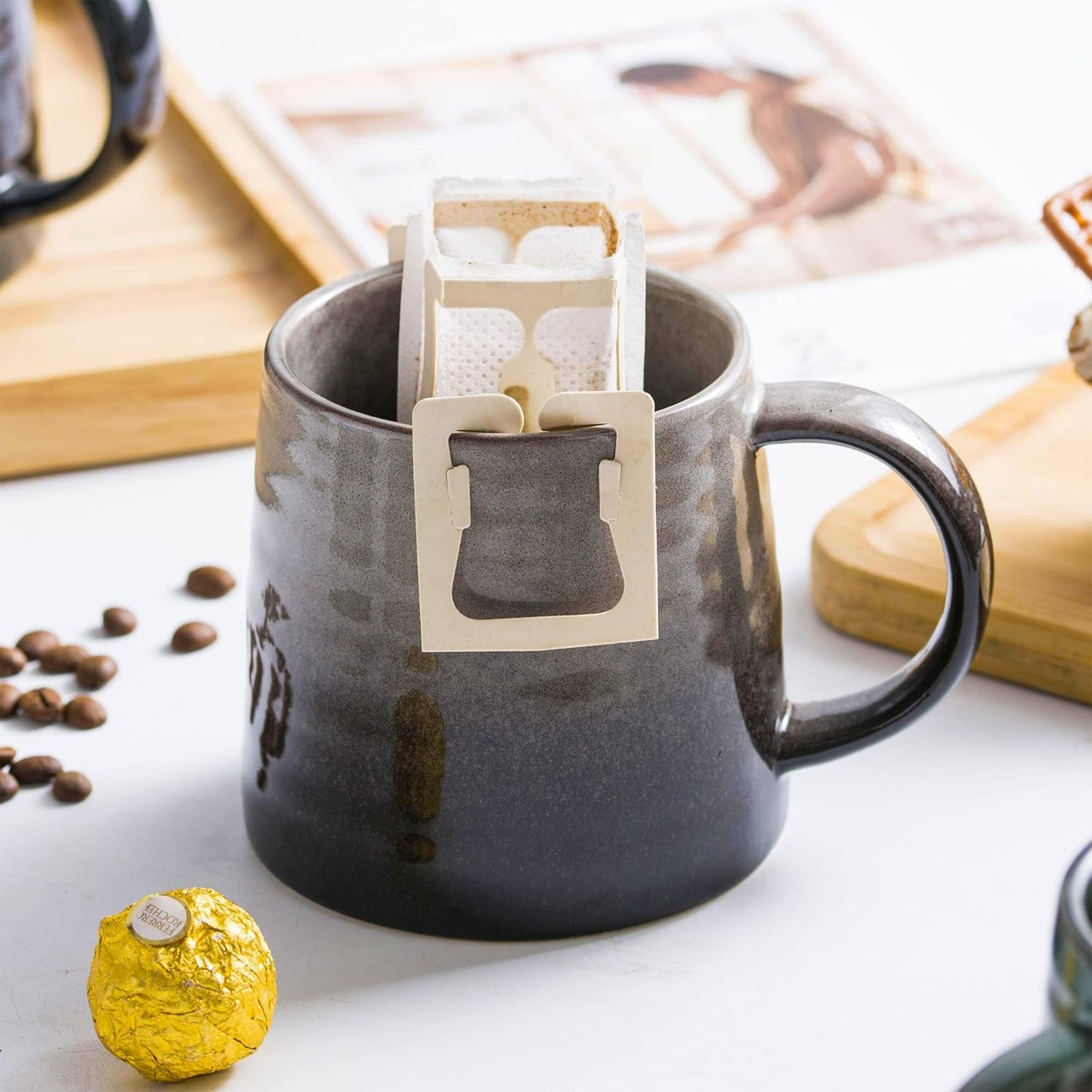 Large Ceramic Coffee Mugs, Handmade Pottery Mug, Tea Cups with Handle for Office and Home, 16 oz, Dishwasher and Microwave Safe (Grey Black)