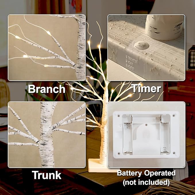 White Birch Tree with LED Lights, Christmas Decorations Lighted Tree for Tabletop, Battery Operated 24 LED Warm White Tree, 2FT Mini Small Christmas Tree Indoor Home Christmas Decor (2 Pack, Timer)