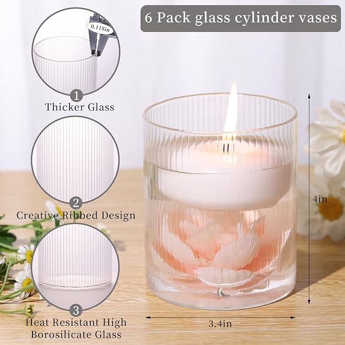 Glass Cylinder Vases for Centerpieces - 4 Inch Small Flower Vase for Wedding Decorations, Clear Glass Flower Vases Floating Candle Holder for Table Centerpiece Wedding Home Decor (6 Pack)