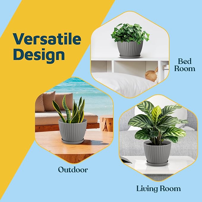 Gray 6-Inch Plant Pots with Drainage & Saucers 3 Pack, Indoor & Outdoor Planters for Houseplants, Herbs, and Flowers, Durable & Weatherproof Material, Stackable, Lightweight, Minimalist Design