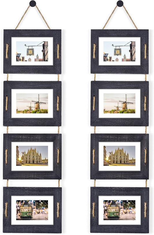 DLQuarts 5x7 Hanging Collage Picture Frames Wall Decor, 4-Opening 5x7 Matted to 3.5x5 Photo Rustic Wood Frame with Hemp Rope, 2 Pack, Weathered Black