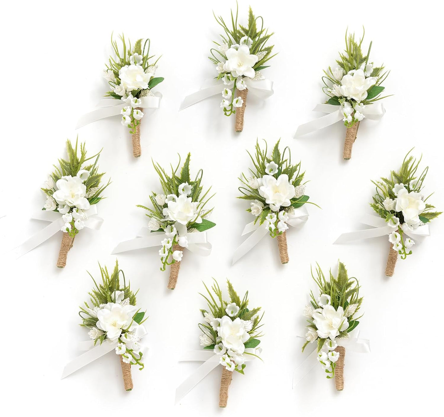 Ling's Moment Boutonniere for Men, 10pcs Groomsmen Guest Boutonniere, Artificial Flowers for Wedding Décor/Prom/Homecoming,etc.White Lily Valley