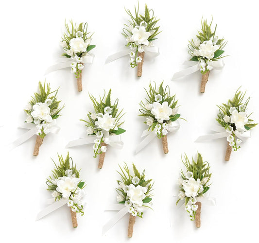 Ling's Moment Boutonniere for Men, 10pcs Groomsmen Guest Boutonniere, Artificial Flowers for Wedding Décor/Prom/Homecoming,etc.White Lily Valley