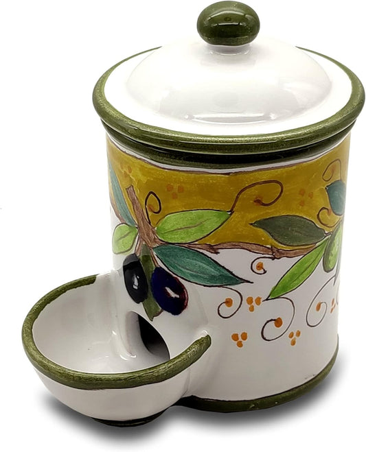 Italian Ceramic Salt Keeper - Hand Painted kitchen Storage Salt Jar with lid Tea Coffee and Spices- Made in ITALY Tuscany - Italian Pottery - Home Decor Olive