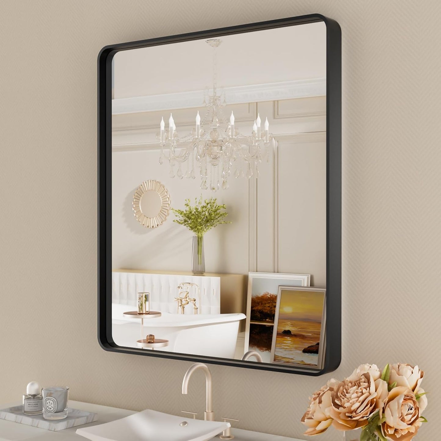 Black Metal Framed Bathroom Mirror for Wall,24X28 Rounded Rectangle Mirror, Matte Black Bathroom Vanity Mirror Farmhouse, Anti-Rust, Tempered Glass, Hangs Horizontally or Vertically