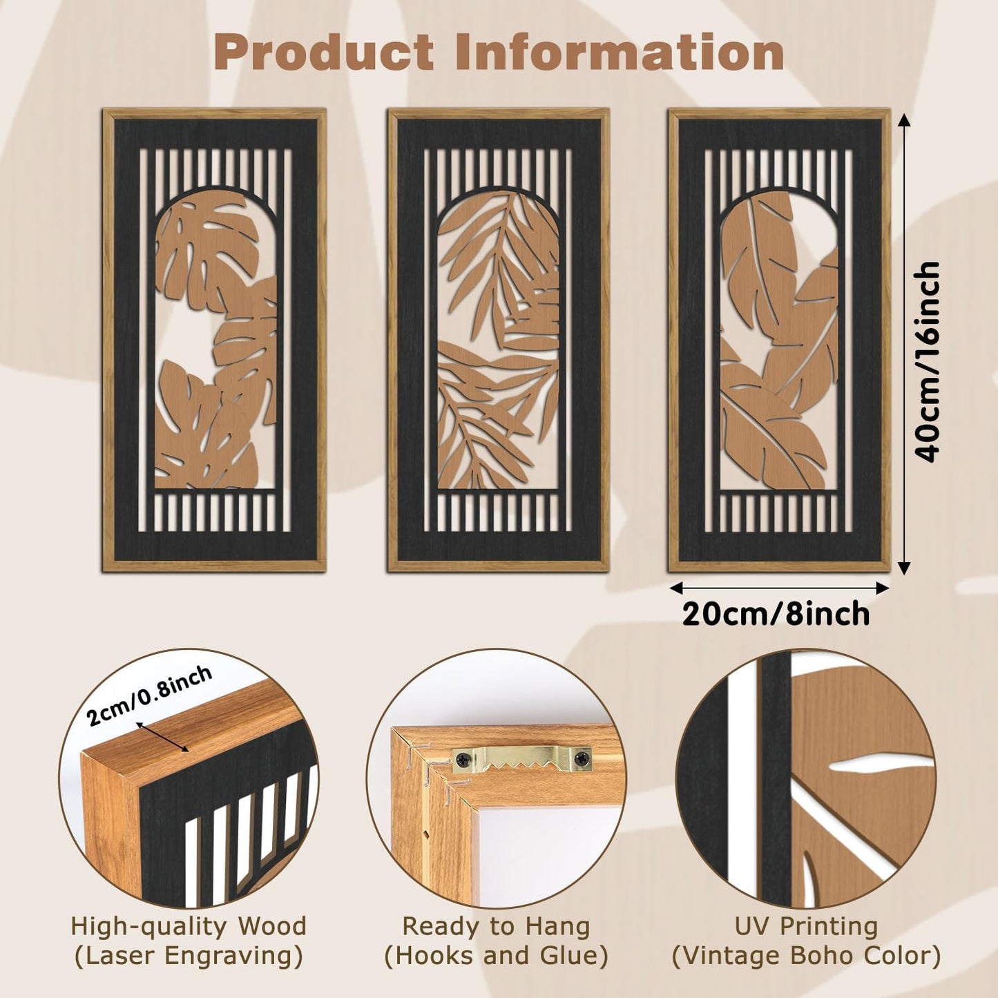 KAIRNE Rustic Tropical Wall Decor, Palm Leaf Wooden Sign for Bathroom, Vintage Leaf Plant Hanging Wood Plaque Rustic Wall Art Nature Picture for Living Room Decoration3 pcs(8x16Inch)