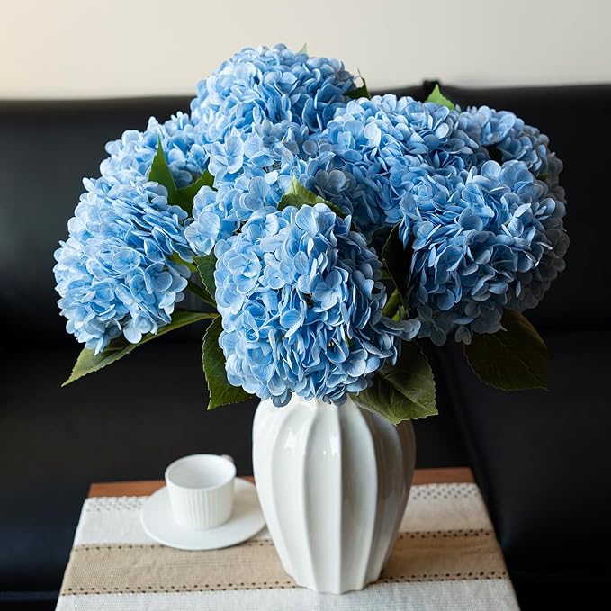 4PCS Artificial Flowers Large Hydrangeas Flowers Latex Bouquet for Wedding Bridal Office Home Party Decoration (4Pcs Blue)