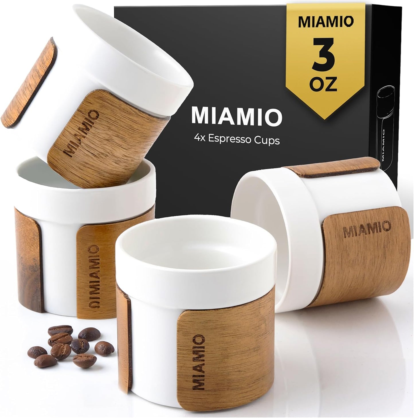 MIAMIO – Espresso Cups Set of 4 (3.5 oz) Japanese Tea Cups Ceramic/Handleless Mug with removable Wooden Cuff/Coffee Cups without Handle (White)