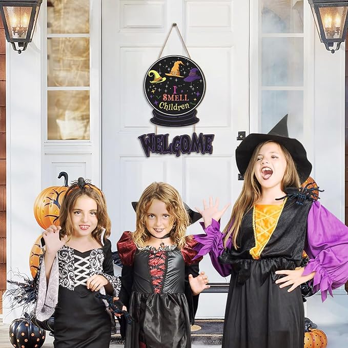 Welcome Halloween Door Sign,I Smell Children Sign,Hocus Pocus Halloween Decoration,Witches Door Decor Magic,Purple Crystal Ball Witches Wall Decor for Outdoor Indoor Home Porch Yard Party